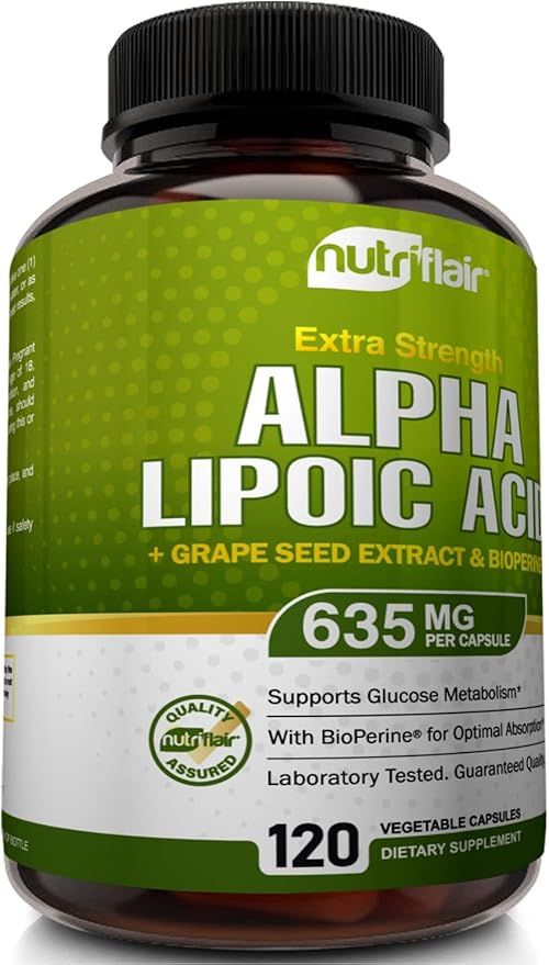 NutriFlair Alpha Lipoic Acid 600mg, 120 Capsules - with Grape Seed Extract and BioPerine Black Pepper - Extra Strength