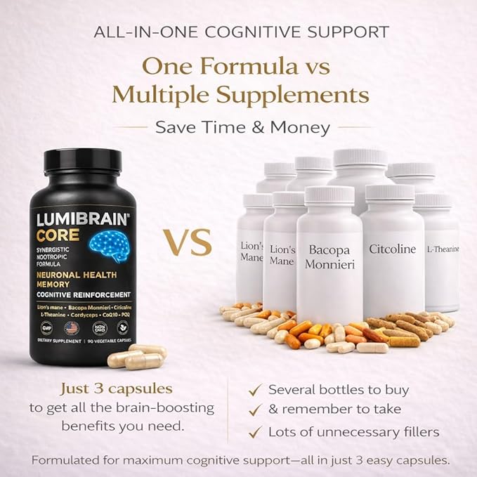 LumiBrain™ CORE Brain Supplement for Memory and Focus, Caffeine-Free Nootropic for Brain Energy, 90 Capsules