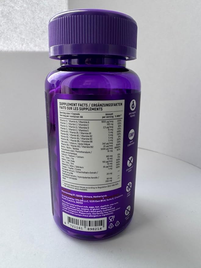 Hair Vitamin Complex with Biotin 5000mcg, Keratin, Selen, Zink | Hair Growth Supplement with Vitamin A, C, D, E, B12 | Hair, Skin & Nail Support Supplement for Women & Men | 60 Capsules