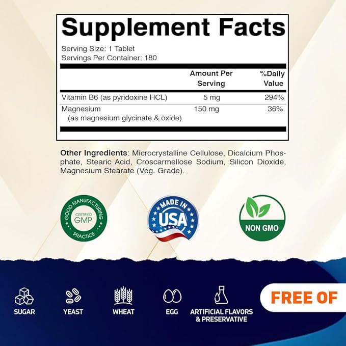 Vitamatic Magnesium with B6-180 Vegetarian Tablets (Uncoated) - Added B6 for Maximum Absorption - Supports Muscle, Joint, and Heart Health