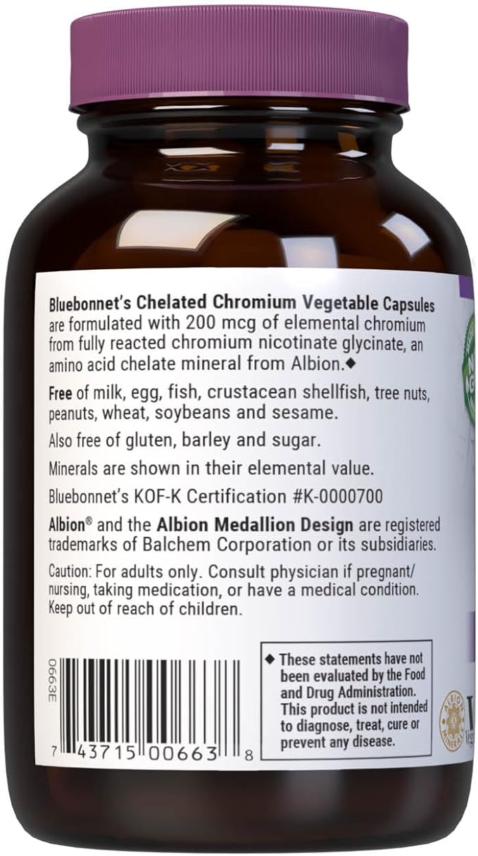 Bluebonnet Nutrition Chelated Chromium, Metabolism Support*, Non-GMO, Vegan, Kosher Certified, Gluten-Free, Soy-Free, Dairy-Free, Albion Chelated Mineral, 90 Vegetable Capsules, 90 Servings