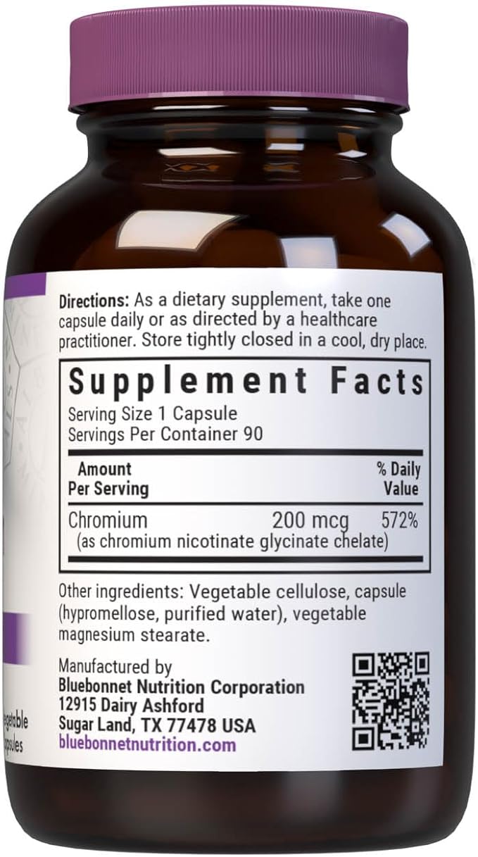 Bluebonnet Nutrition Chelated Chromium, Metabolism Support*, Non-GMO, Vegan, Kosher Certified, Gluten-Free, Soy-Free, Dairy-Free, Albion Chelated Mineral, 90 Vegetable Capsules, 90 Servings