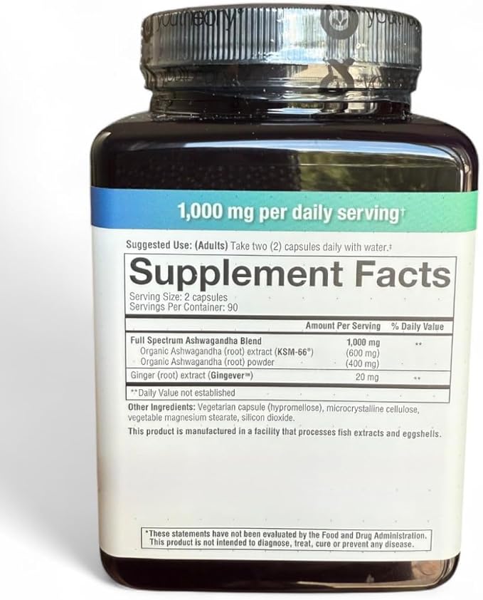 Organic Ashwagandha Daily Adaptogen Formula, 1000mg, 180 Vegetarian Capsules, Stress Support Supplement with KSM-66, Enhanced with Ginger Extract