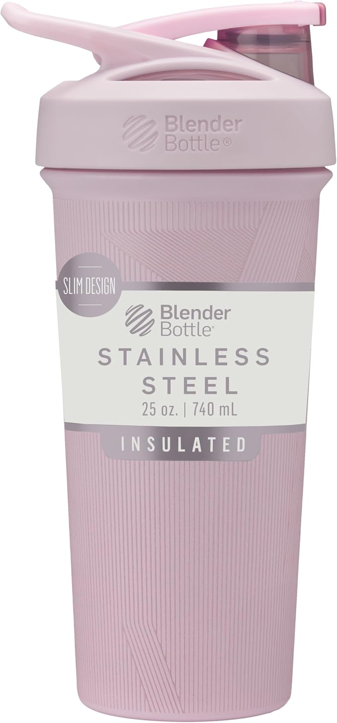 BlenderBottle Sport Shaker Cup Insulated Stainless Steel Water Bottle with Wire Whisk, 25-Ounce, Pink Stripes