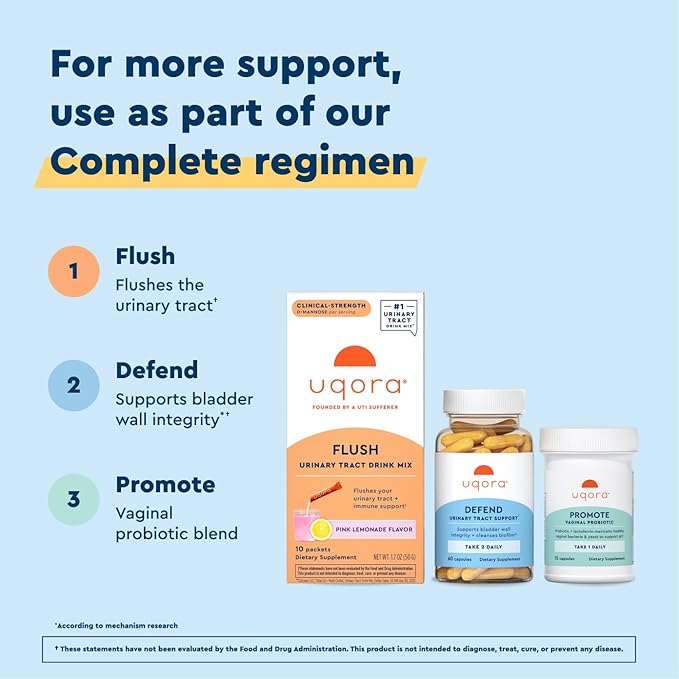 Uqora Complete Regimen with Flush, Defend & Promote - Urinary Tract Support with D-Mannose, Vitamin C, Green Tea Extract, Probiotics & More - Comprehensive Bladder Health Support* - 3-Part Bundle