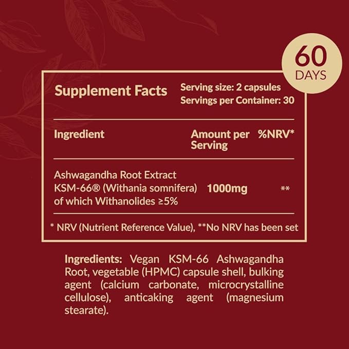 Ashwagandha Capsules – KSM-66® 1000mg Daily Dose – Pure Organic Root Powder Extract Ayurvedic Supplement - Stress Relief & Sleep Support Supplement - Supports Balanced Energy Levels.