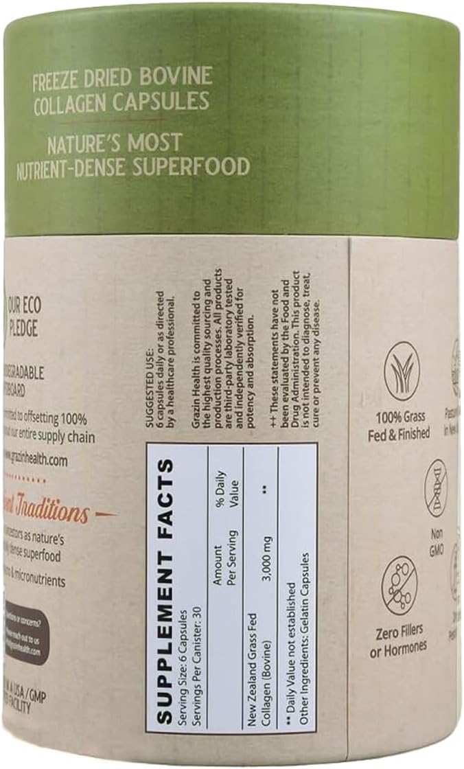 Bovine Collagen Capsules 3000mg Grass Fed, Whole Food Bovine Collagen Pills for Women and Men, Non Marine Collagen Supplements, 30 Day Bottle