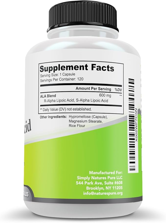 Simply Natures Pure Alpha Lipoic Acid 600mg 360 Veggie Capsules, Non-GMO Thioctic Acid 12 Month Supply