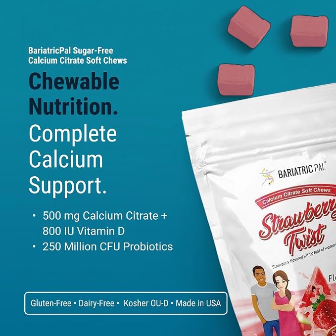 BariatricPal Sugar-Free Calcium Citrate Soft Chews | 500mg with Vitamin D & Probiotics | Strawberry Twist | 90 Count (1 Month Supply)
