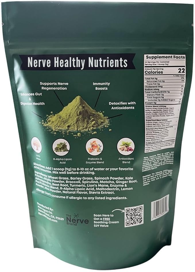 The Nerve Brand Neuropathy Superfood Blend, Greens Powder with R Alpha Lipoic Acid & Lions Mane for Nerve Support, Chocolate, 30 Servings