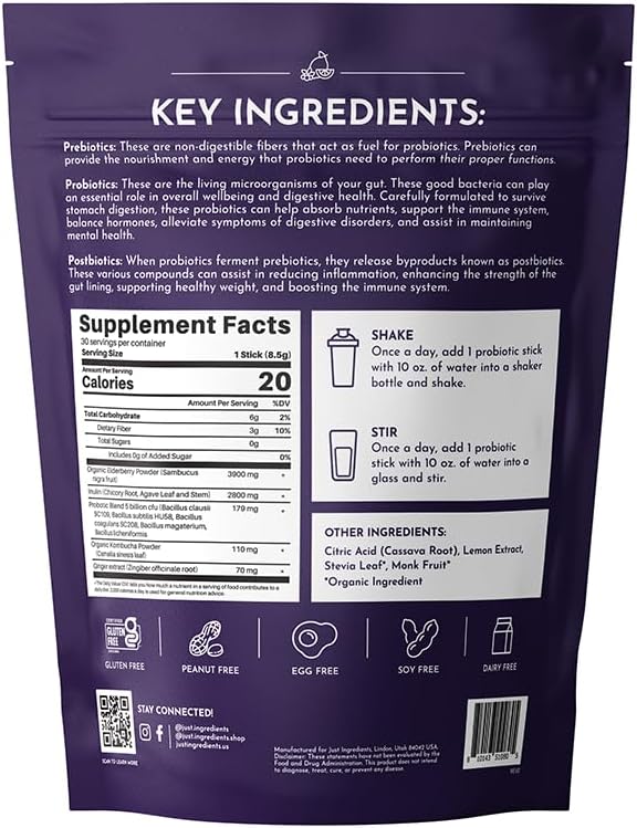 JUST INGREDIENTS Elderberry Lemonade 3-in-1 Probiotic Complex - Prebiotics, Probiotics & Postbiotics - 30 Sticks