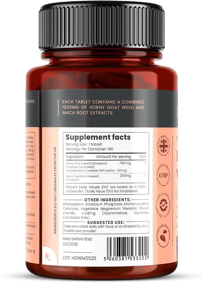 pureclinica Horny Goat Weed & Maca 1000mg – 180 Tablets (6 Month Supply) – 10X Icariins Strength – w/Black Pepper for 300% Absorption – Energy, Libido & Performance Support