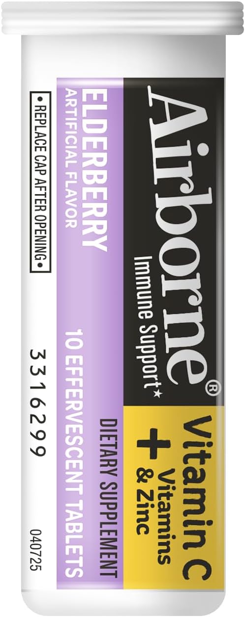 Airborne Elderberry + Zinc & Vitamin C Effervescent Tablets, Immune Support Supplement with Powerful Antioxidant Vitamins A C E, 20 Fizzy Drink Tablets, Elderberry Flavor