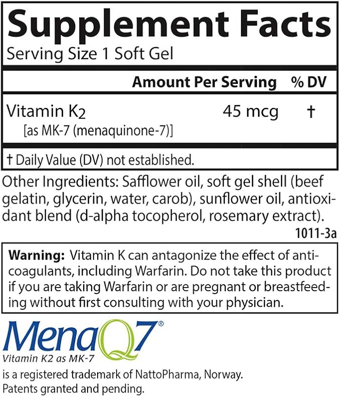 Carlson - Vitamin K2 MK-7 (Menaquinone), 45 mcg, Bone Support, Calcium Bioavailability, K2 Vitamin, Vitamin K-2, 90 Softgels