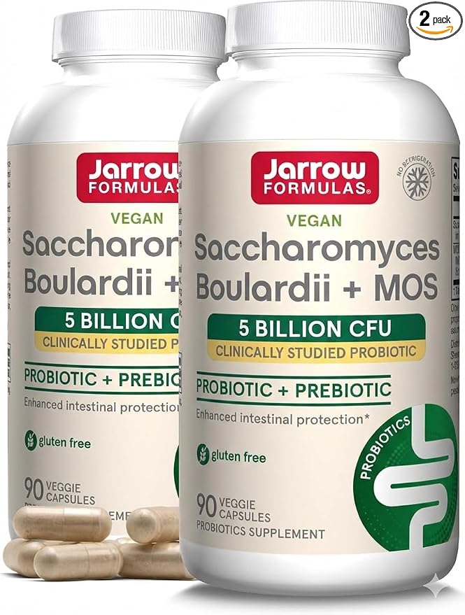 Jarrow Formulas Saccharomyces Boulardii + MOS - 5 Billion Viable Organisms Per Serving - 90 Delayed Release Veggie Caps, 2 Pack - Probiotic + Prebiotic - Intestinal Tract Support - Up to 180 Servings