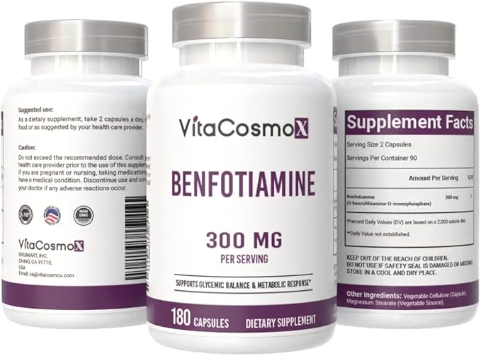 Benfotiamine 300mg, 180 Veggie Capsules, Fat Soluble Vitamin B1, Non-GMO, Gluten-Free, Vegan