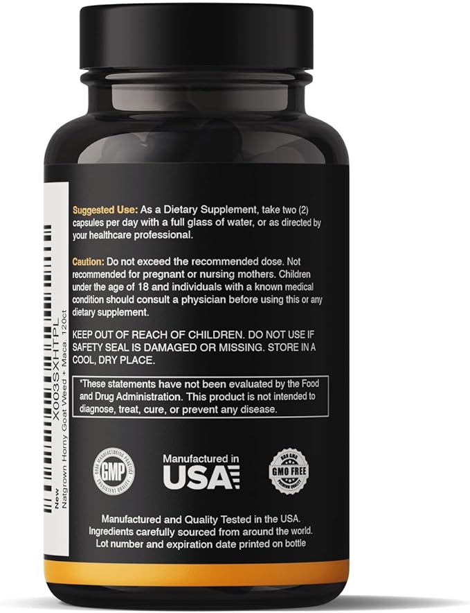 Natgrown Horny Goat Weed and Maca Root Extract Supplement for Men & Women (Epimedium Extract, Hornygoatweed) Vegan Capsules -120 Ct