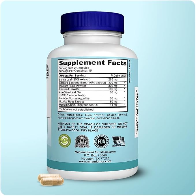 Mila Miamor 15 Day Cleanse - Gut and Colon Support - Advanced Gut Cleanse Detox for Women & Men with Senna, Cascara Sagrada & Psyllium Husk - Non-GMO - Made in USA - 30 Capsules