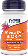 Now Supplements, Mega D-3 & MK-7, 5000 IU / 180 mcg, Bone & Cardiovascular Support*, Vitamins K-3 & K-2, 180 Capsules