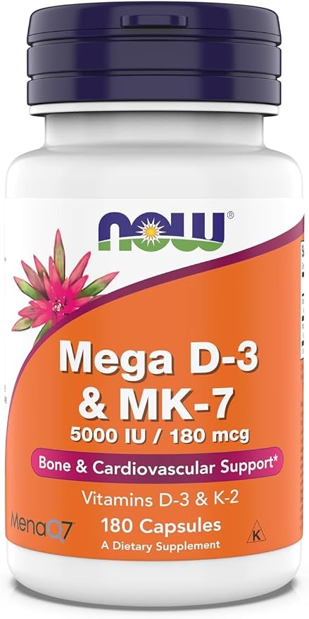 Now Supplements, Mega D-3 & MK-7, 5000 IU / 180 mcg, Bone & Cardiovascular Support*, Vitamins K-3 & K-2, 180 Capsules