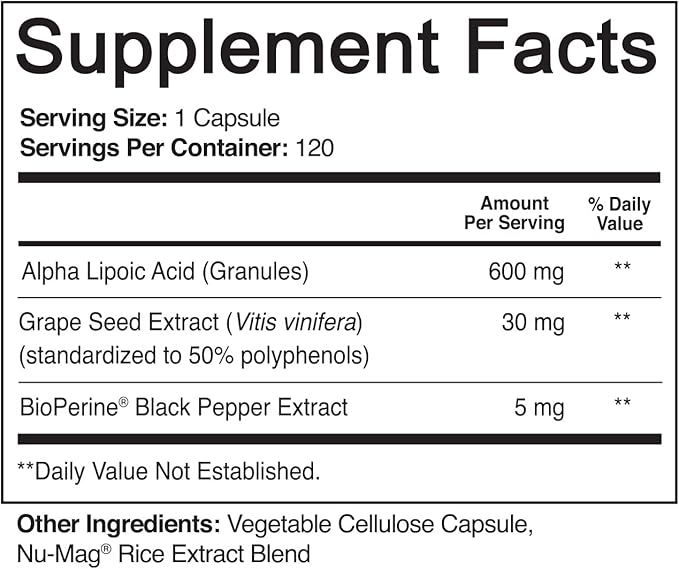 NutriFlair Alpha Lipoic Acid 600mg, 120 Capsules - with Grape Seed Extract and BioPerine Black Pepper - Extra Strength