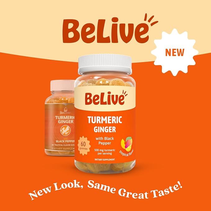BeLive Turmeric and Ginger Gummies - 500mg - Joint and Mobility Support Supplement - Curcumin with Black Pepper for Enhanced Absorption - Tropical Flavor - 3 Pack, 180 Count