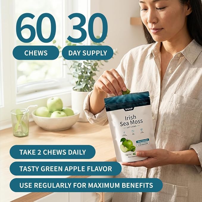 Snap Supplements Irish Sea Moss, Marine Algae Rich in Micronutrients & Antioxidants to Support Healthy Metabolism and Vitality, 60 Sugar-Free Soft Chews
