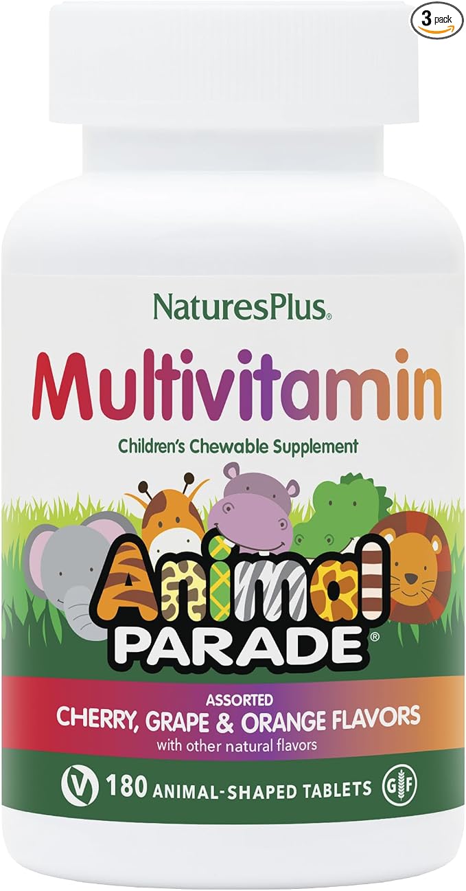 NaturesPlus Animal Parade Children's Chewable Multivitamin - 180 Animal-Shaped Tablets, Pack of 3 - Natural Assorted Flavors - Vegan, Gluten Free - 270 Total Servings