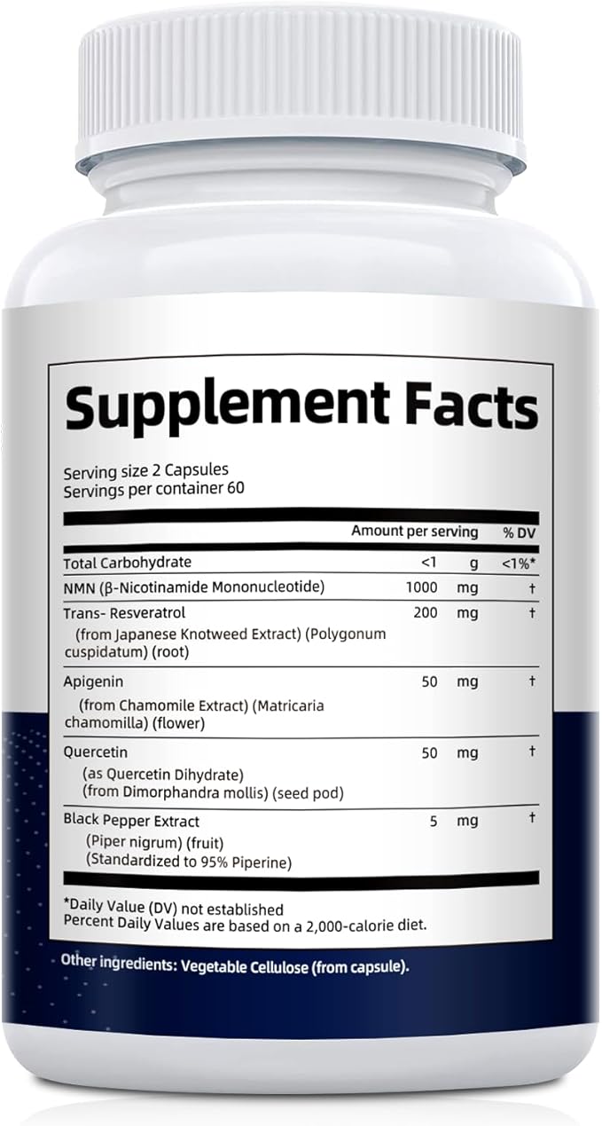 NMN Supplement 1000mg – NMNH Alternative 5-in-1 NAD Supplement w/Resveratrol, Apigenin, Quercetin & Black Pepper – Supports Cellular Energy, Healthy Aging & Longevity – 120 Veggie Capsules