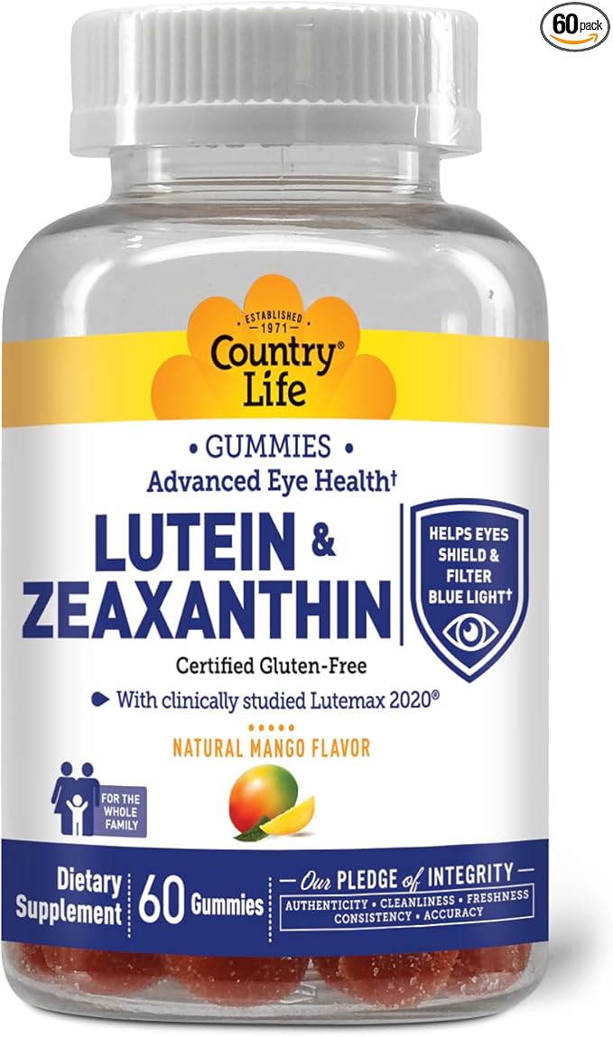 Country Life Lutein Gummies with Lutemax 2020, 60 Ct, Chewable Natural Eye Support Supplement, Marigold Lutein, Zeaxanthin, Eye Health & Macular Support, Non-GMO, Natural Fruit Pectin, Vegan