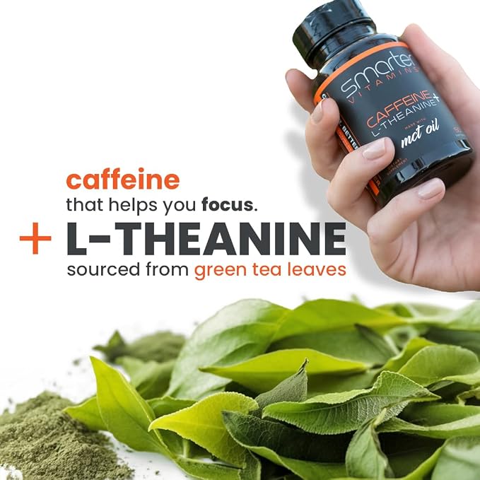 SmarterVitamins 200mg Caffeine Pills - MCT Oil from 100% Coconuts + 100mg L-Theanine, Energy and Focus, Extended Release Capsule, 50 Liquid Softgels