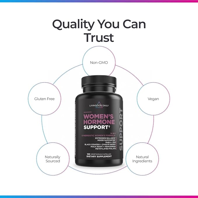 Livingood Daily Women’s Hormone Support Supplement, Estrogen Balance with Fenugreek, Black Cohosh, Chasteberry, DIM, Natural PMS & Menopause Support, Non GMO, Gluten Free, Vegetarian Capsules, 120 Ct