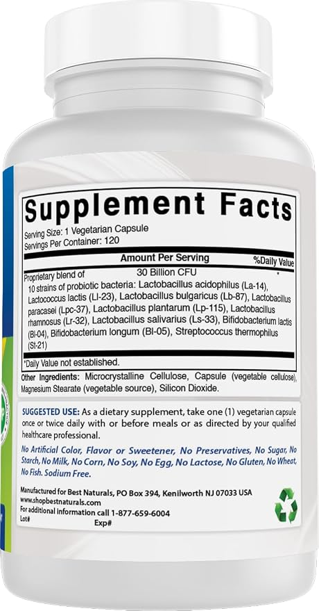 Best Naturals Probiotic 10 Strains 30 Billion Shelf Stable 120 Veggie Caps (120 Count (Pack of 3))