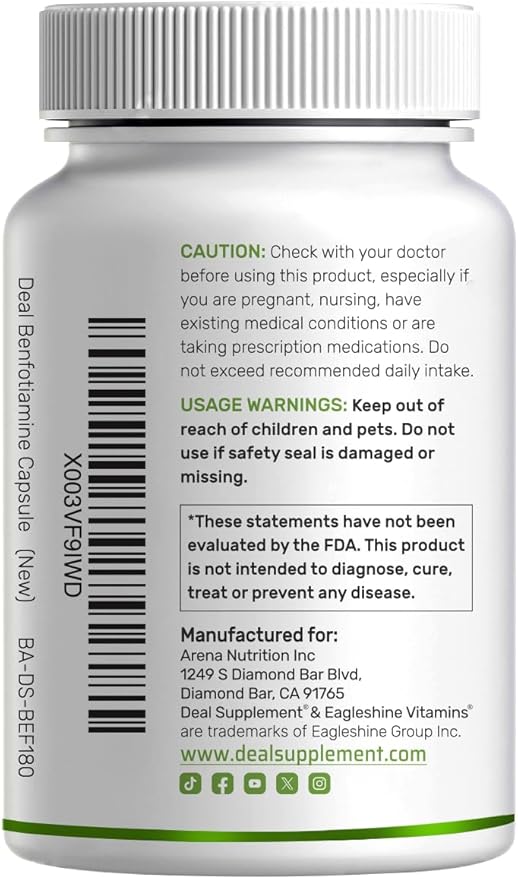 Benfotiamine 600mg Per Serving, 180 Veggie Capsules (300mg Per Cap) – Fat Soluble Vitamin B1 Thiamine Supplement – 3rd Party Tested, Vegan, Non-GMO, Gluten Free
