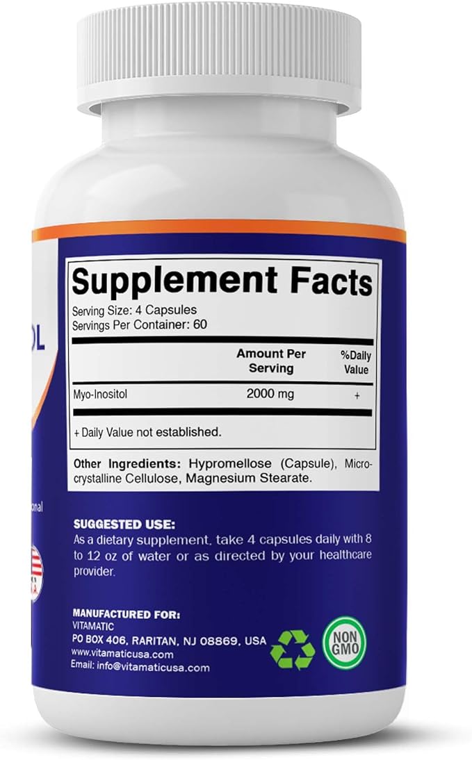 Vitamatic Myo-Inositol 2000 mg Per Serving – 240 Vegetable Capsules – 60 Servings – Non-GMO, Gluten Free – Made in USA