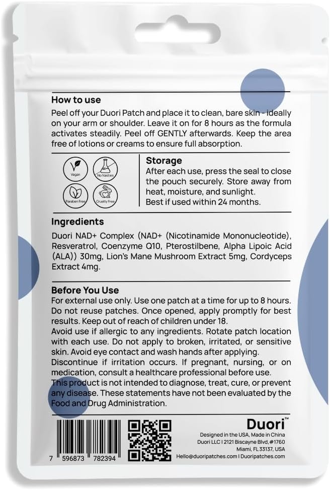 DUORI NAD+ Patch - Healthy Aging - NMNH - Resveratrol - CoQ10 - Lion's Mane - NAD+ - Vegan Daily Patch - 30 Patches