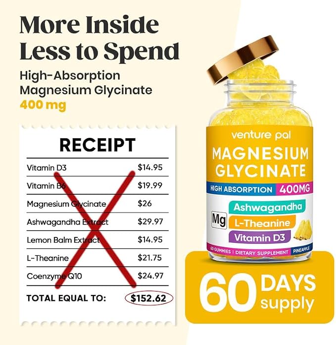 60 Day Supply Magnesium Glycinate 400mg Gummies with Ashwagandha, L-Theanine, CoQ10, Vitamin D3 & B6, Sugar Free Magnesium Gummies for Adults & Kids, Stress Relief, Sleep & Calm, Vegan, Gluten Free