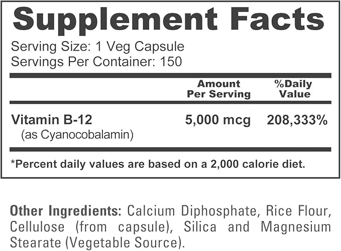 NusaPure Vitamin B12-5000 MCG 150 Veggie Capsules (Non-GMO, Vegan) - Max Strength Vitamin B12