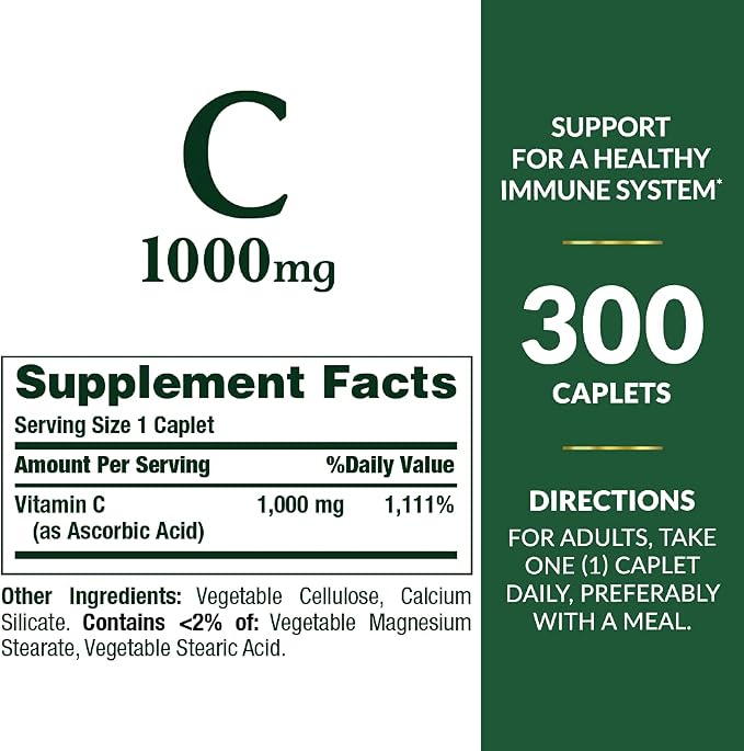 Nature's Bounty Vitamin C 1000mg, Supports Immune and Antioxidant Health, Vitamin C Supplement, 1 Per Day, 300 Vegetarian Caplets (Pack of 2)