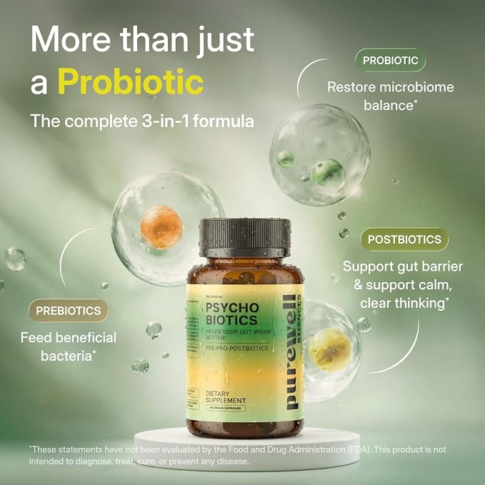 Psychobiotics – Advanced 3-in-1 Probiotic Prebiotic Postbiotic Supplement for Gut and Mood Support - 60 Vegan Probiotic Capsules – 50 Billion CFU – 1-Month Supply