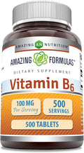 Amazing Formulas Vitamin B6 Supplement | 100 Mg per Serving | Tablets | Non-GMO | Gluten-Free | Made in USA (1 Pack, 500 Count)