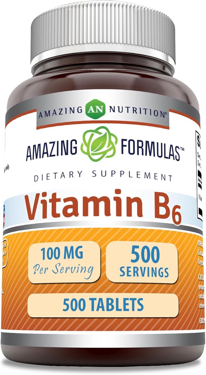 Amazing Formulas Vitamin B6 Supplement | 100 Mg per Serving | Tablets | Non-GMO | Gluten-Free | Made in USA (1 Pack, 500 Count)