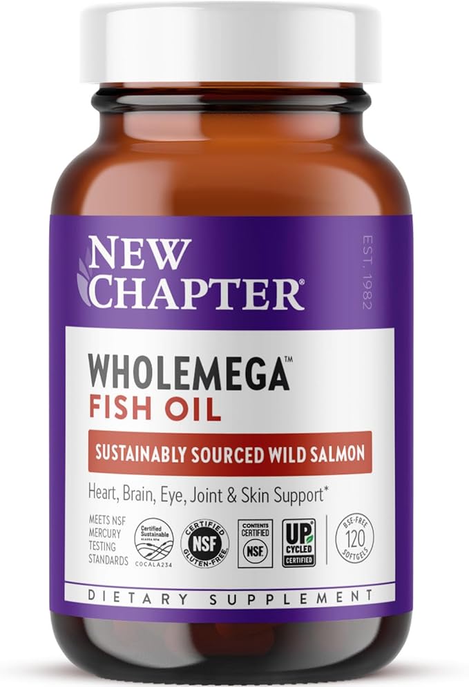 New Chapter Wholemega Fish Oil Supplement - 2000mg per Serving, Clinically Proven Wild Alaskan Salmon Oil with Omega-3 + Vitamin D3 + Astaxanthin, 120 Softgels