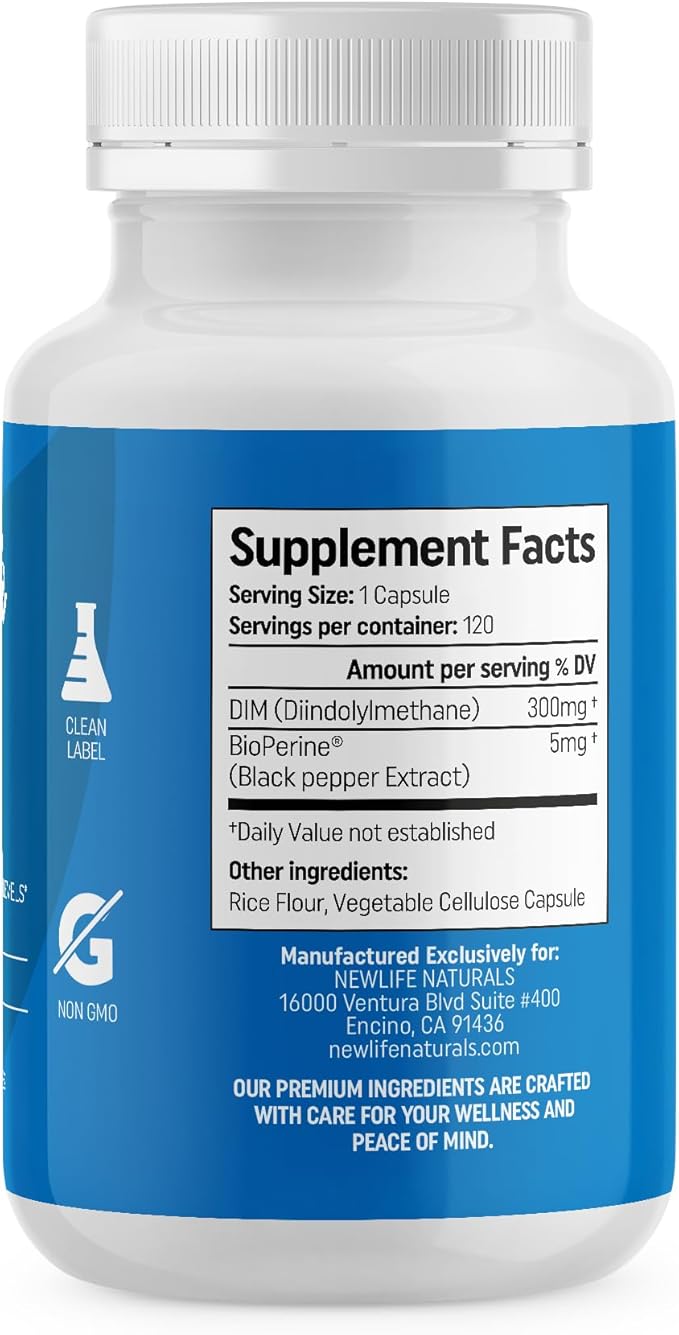 NewLife Naturals DIM Supplement 300mg, Women & Men - Hormonal Acne and Balance, Estrogen, Menopause Support - 120 Day Supply