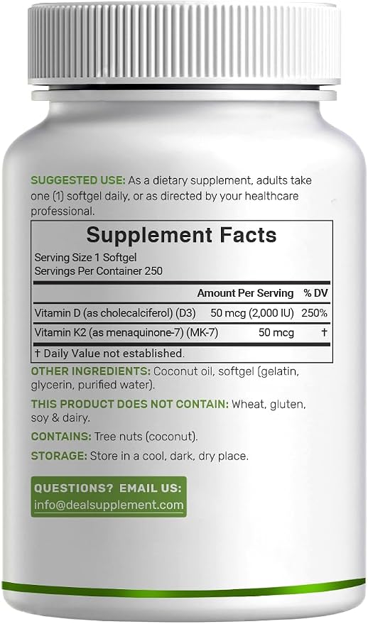 DEAL SUPPLEMENT Vitamin D3 2,000 IU + K2 MK7 50mcg Softgels | 2-in-1 Complex with Virgin Coconut Oil | Supports Heart, Bone, Teeth & Immune Health | Easy to Swallow