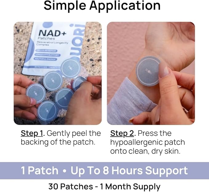 DUORI NAD+ Patch - Healthy Aging - NMNH - Resveratrol - CoQ10 - Lion's Mane - NAD+ - Vegan Daily Patch - 30 Patches