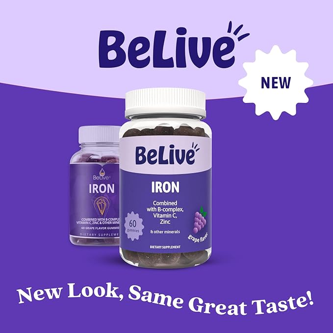 BeLive Iron Gummies - Multivitamin Iron Supplement with Vitamin C, A, B & Zinc, Supports Blood Oxygen, Vegan Supplements for Women, Men & Kids for Growth and Development - Grape Flavor | 3-Pack