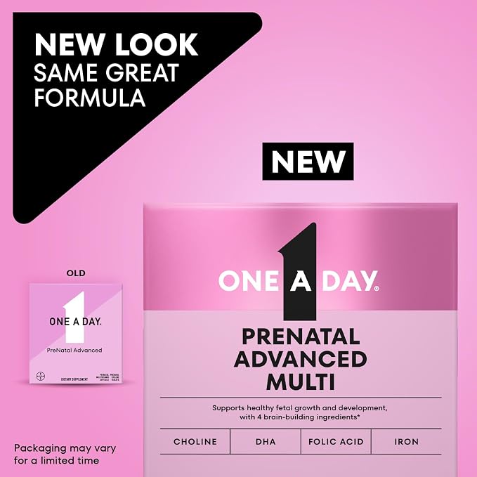 One A Day Prenatal Advanced- Prenatal Vitamins with Folic Acid, Choline, DHA & Iron, Pregnancy Vitamins for Women to Support Baby’s Development, 60+60 Ct (120 Total Set) (Packaging May Vary)