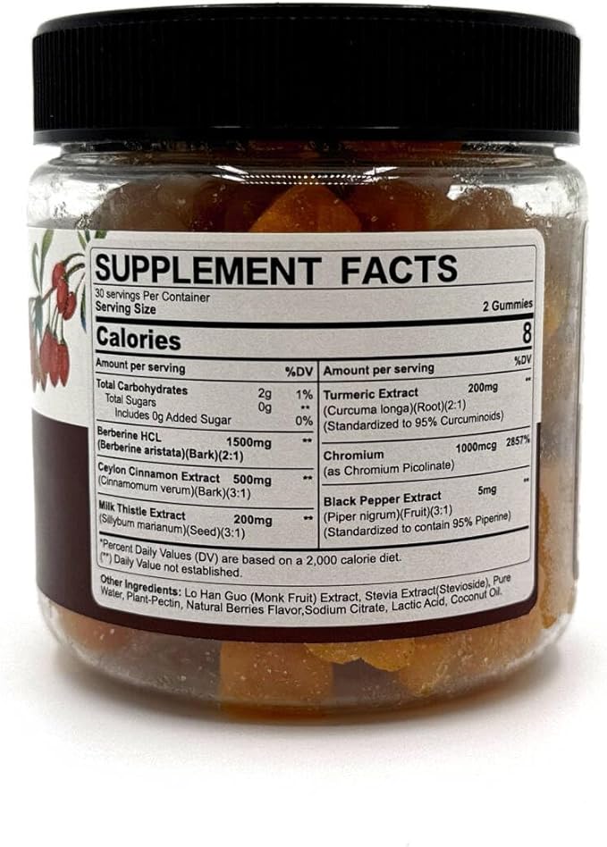 Berberine Gummies Supplement 1500mg, Natural GLP-1 Support + Ceylon Cinnamon, Chromium, Milk Thistle, Turmeric, AMPK Activator for Women & Men, Berberine HCl from Indian Barberry, Sugar Free, 60 Count