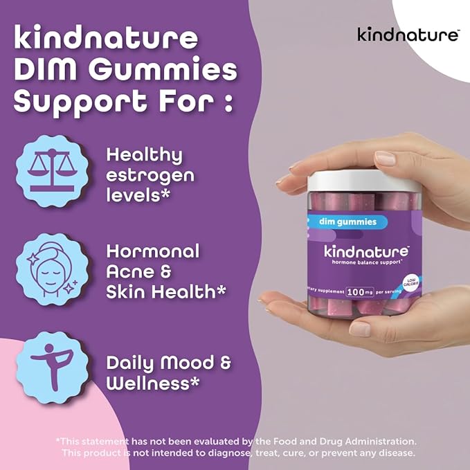 kindnature DIM Gummies 100mg – Hormone Balance Support for Women – Diindolylmethane Supplement for Estrogen Metabolism, Menopause & Skin Wellness – Vegan, Non-GMO, Gluten-Free – 60 Gummies